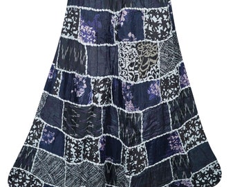 Blue Printed Vintage Patchwork Long Skirt Flowy Ethnic Indian Summer Rayon Skirts