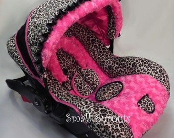 Custom Boutique Cheetah Minky Hot Pink Rosette Minky Infant car seat cover 5 piece set