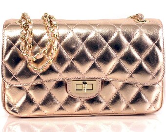Pure Italian Leather Quilted Padded Handbag in Rose Gold with Gold Interwoven Chain