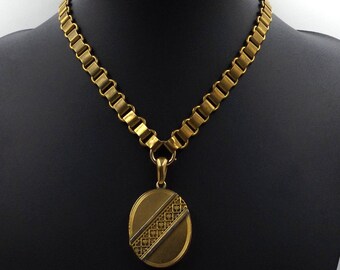 Victorian Gold Plated Locket On a Book Chain | Antique Locket On Bookchain Necklace