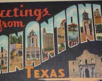 Greetings From San Antonio, Texas Large Letter Vintage Linen Postcard UNUSED