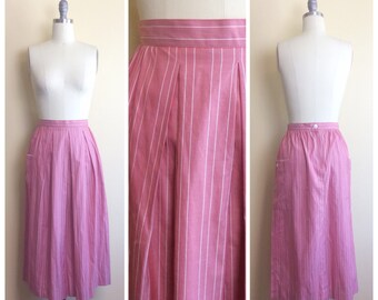 80s Salmon Pink Cotton High Waisted Skirt / 1980s / Vintage / Candy Striper Striped Skirt With Pockets / Medium