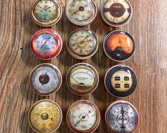 1.5 inch vintage gauges, cabinet knobs, drawer pulls, instrument gauges, cars, tachometer, speedometer, steam gauge, gas gauge, dash gauges
