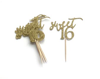 Sweet 16 Topper - Cupcake Toppers, Glitter Topper, Sweet Sixteen Birthday Party
