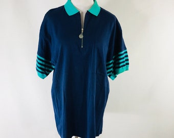 Vintage 70s Kenny Rogers 1/4 Zip Blue Green Polo Shirt Size Medium