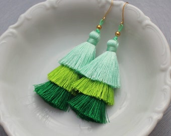 Tiered Tassel Earrings, Ombre Tassel, Green Tassel Earrings, Aqua Tassel Earring, Statement Earrings, Green Earrings, Stacked Earrings, Boho