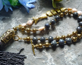 labradorite necklace, gold hematite necklace, fish necklace, gold fish, tribal pendant, pearl tassel pendant, freshwaterpearl necklace