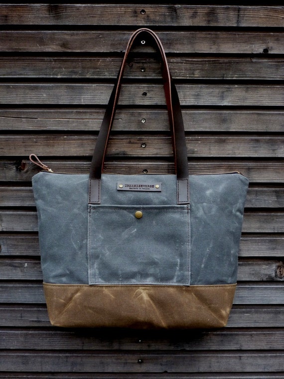 Waxed canvas bag/ carry all with leather handles and double