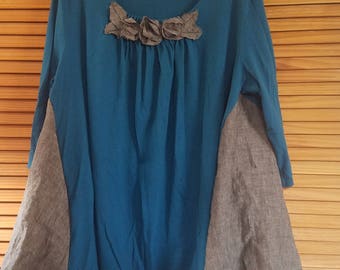 Floral Ruffled Color block Top 2x XXL 3x Shirt Blouse Lagenlook Blouse XXXL Plus Size Recycled Clothing Teal Blue Gray Charcoal Linen