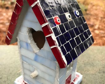Bird House Stained Glass Mosaic. Blue and Red