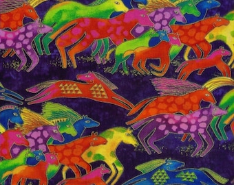 RARE Dancing Horses Laurel Burch Fabric Bright Horses on Blue 1/2 Yard Y0419-31M