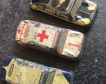 Collection of 3 tin toy cars POLICE TAXI AMBULANCE 1950's era