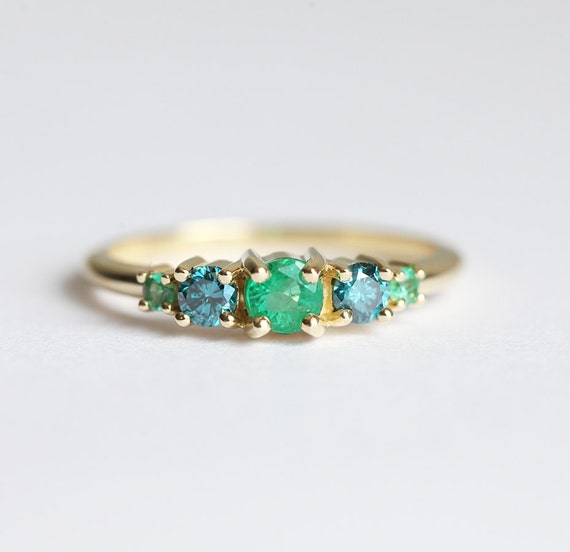 Emerald Engagement Ring Blue Diamond Ring Five Stone Ring
