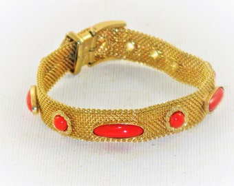Vintage Glass Faux Coral Gold Tone Mesh Buckle Bracelet (BR-4-2)