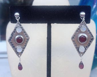 Garnet, Moonstone, Tourmaline and Silver Dangle Earrings