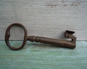 Antique Iron Key, Interesting Bit Barrel Safe Key, Substantial 3 1/2"