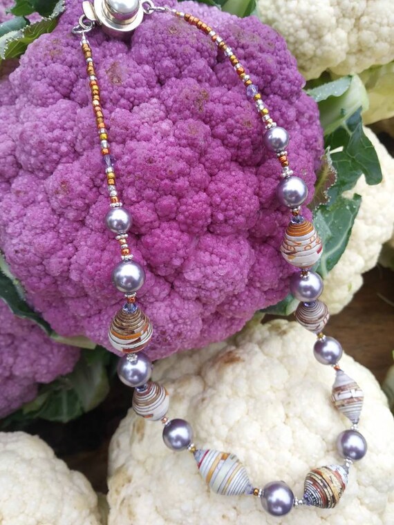 Lavender and orange necklace/ paper bead necklace/ pearl paper necklace/ statement piece