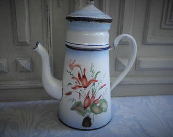 Enamel coffee pot, beautiful French vintage, Biggin orange flowers, 1930's, filter jug, cafétiere, enamelware, antique country kitchen chic