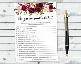What Did The Groom Say, Bridal Shower The Groom Said What Printable, Floral Bridal Shower Ask The Groom, What Did He Say About His Bride