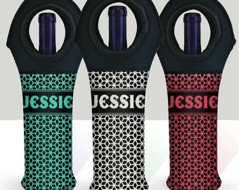 CUSTOMIZABLE Wine Bottle Tote w/ Black Handle - Floral Pattern (Color Options)