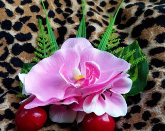 Pink Orchid with Cherries Hair Flower
