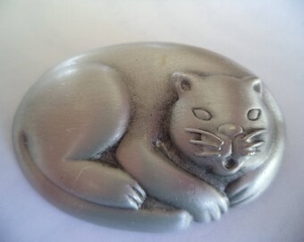 Vintage Signed JJ Silver pewter Curled Up Cat Brooch/Pin