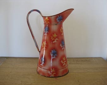 Red enamel pitcher with white and blue flowers, tall vintage French enamelware jug, French country home decor