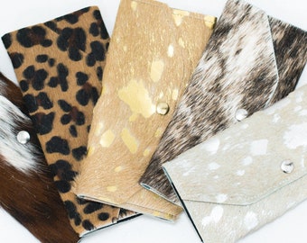 Cowhide Woman Wallet - Large Leather Wallet - Fur Wallet - Trifold Wallet - Credit Card Wallet - Red, Black, Brown - GIFT for her