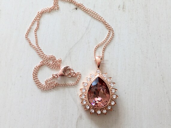 Blush Rose Crystal Halo Pendant Necklace, Rose Gold