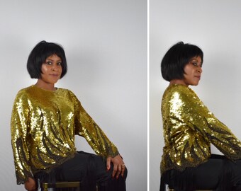 80s Top/Sequin Top/Gold Sequin Top by Oleg Cassini