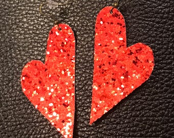 Red Glitter Heart Shaped Faux Leather Earrings
