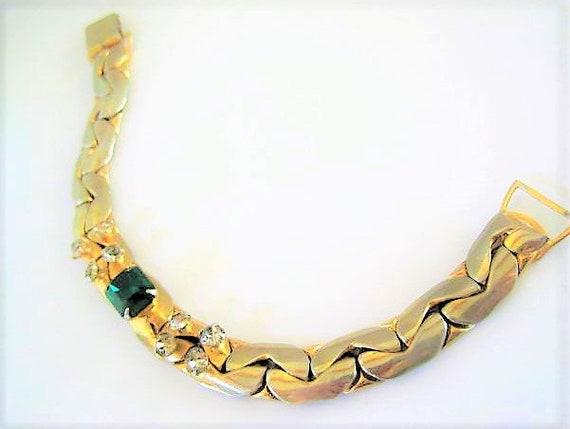 Emerald Green Bracelet, Rhinestone Center, Gold Links, Fold Over Clasp