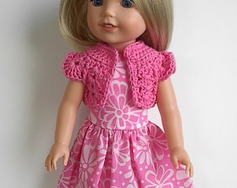 14" Doll Clothes Sleeveless Cotton Dress with Pink Flowers and Crocheted Pink Bolero Handmade to fit 14.5" Wellie Wishers and Other Dolls