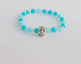 Sugar Skull Bracelet, Sugar Skull Jewelry, dia de los muertos, day of the dead, silver skull, Antique Skeleton, stacking bracelets, gift her