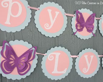 Butterfly Birthday Banner - Pale Blue, Light Pink, Purple - Personalized with Name - Butterfly Party, Garden Party, Showers, Birthdays