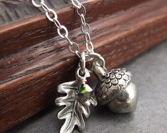Silver Acorn Necklace, Acorn Pendant, Acorn Jewelry, Birthstone Jewelry, Sterling silver chain