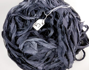 Sari silk ribbon, Silk Sari Ribbon, Chiffon Sari silk ribbon, Charcoal Black Chiffon ribbon, tassel supply, weaving supply, knitting supply