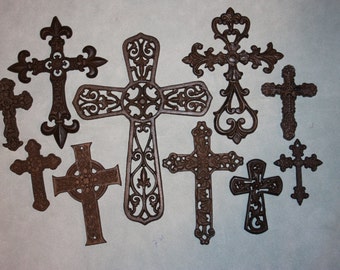 10) Crosses, Mid-Century Cast Iron Cross Collection, Cast Iron Cross Decor, Old-World Cross Decor, "Castile", Free Shipping ~