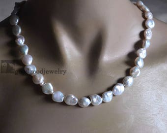 white coin Pearl Necklace - 11-12 mm freshwater pearl necklace,irregular pearl necklace,women necklace