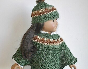 18 Inch Doll Clothes Crocheted Poncho and Hat Set in Sage Green with Tan and Brown Handmade to Fit the American Girl and Other 18" Dolls