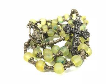 Yellow Men's Rosary Beads Yellow and Bronze Rosary Necklace Catholic Rosary for Men Bronze Cross Rosary Heirloom Rosary Gift for Him Baptism