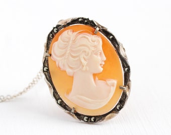 Vintage Cameo Necklace - Art Deco 800 Silver Marcasite Carved Shell Pendant - 1920s Woman Silhouette Classic Oval Elegant Brooch Pin Jewelry
