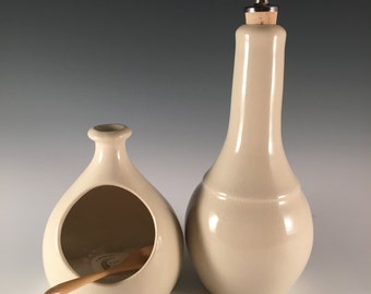salt cellar with spoon, salt pot, white pottery, farm style, bamboo spoon