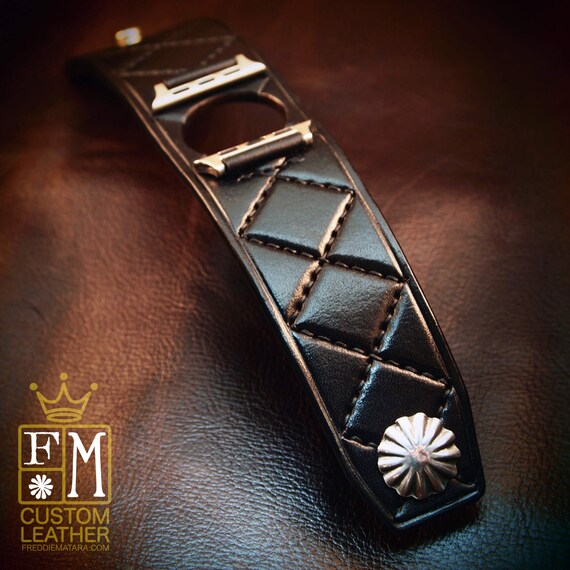 Apple watch Leather Cuff Watchband black Harlequin diamonds quilted Bracelet made for YOU in USA by Freddie Matara