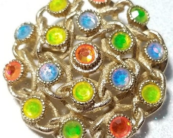 ON SALE : Vintage Lime green,Orange and Blue Rhinestone Pin Brooch Goldtone Sahra Coventry