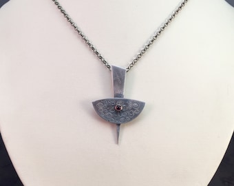 25% Off Modern Industrial Minimalist Garnet 14K Gold Sterling Silver Metalwork Necklace Pendant