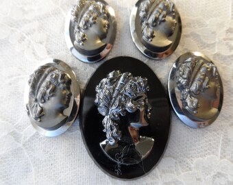 Acrylic black & silver cameos,1-40x30mm,4-25x13mm cameos,5pcs-CAB221