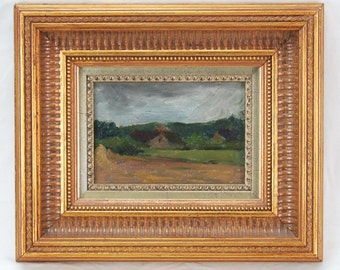 20th Century Impressionist Painting Farmhouses Under Dark Sky