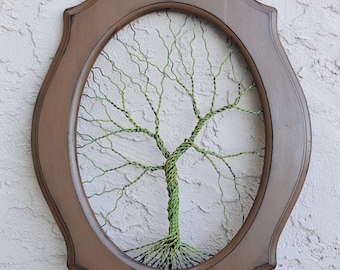 Original Unique Art Large Tree Abstract Sculpture / Wire tree on vintage shabby style salvaged frame / nature art gift / large wall art