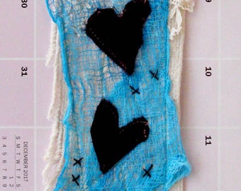 Mini art quilt, dark purple vevet hearts, dyed cheesecloth